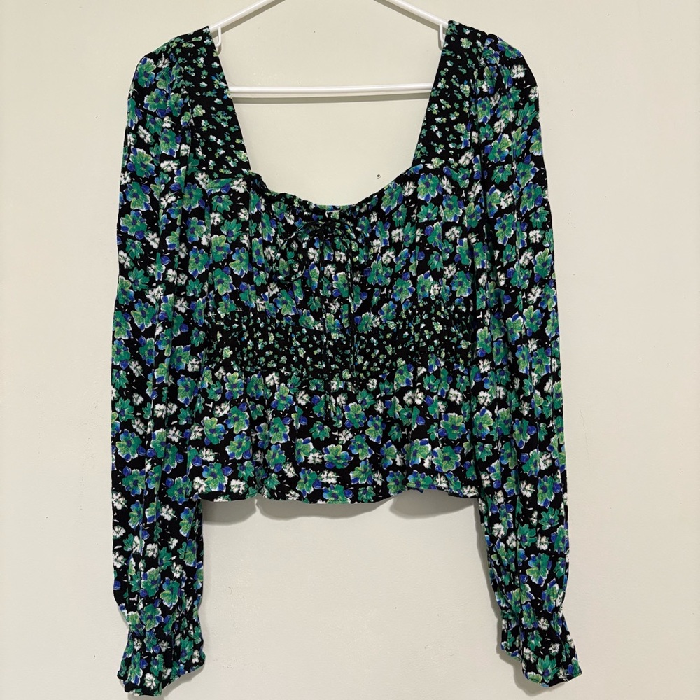 SO Floral Black and Green Square Neck Long Sleeve Blouse - Size Large